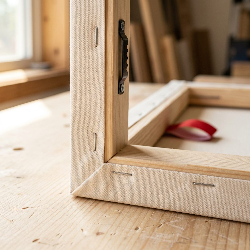 Back corner of a gallery-wrapped canvas showing hand-folded corner, staples, and kiln-dried pine stretcher bars