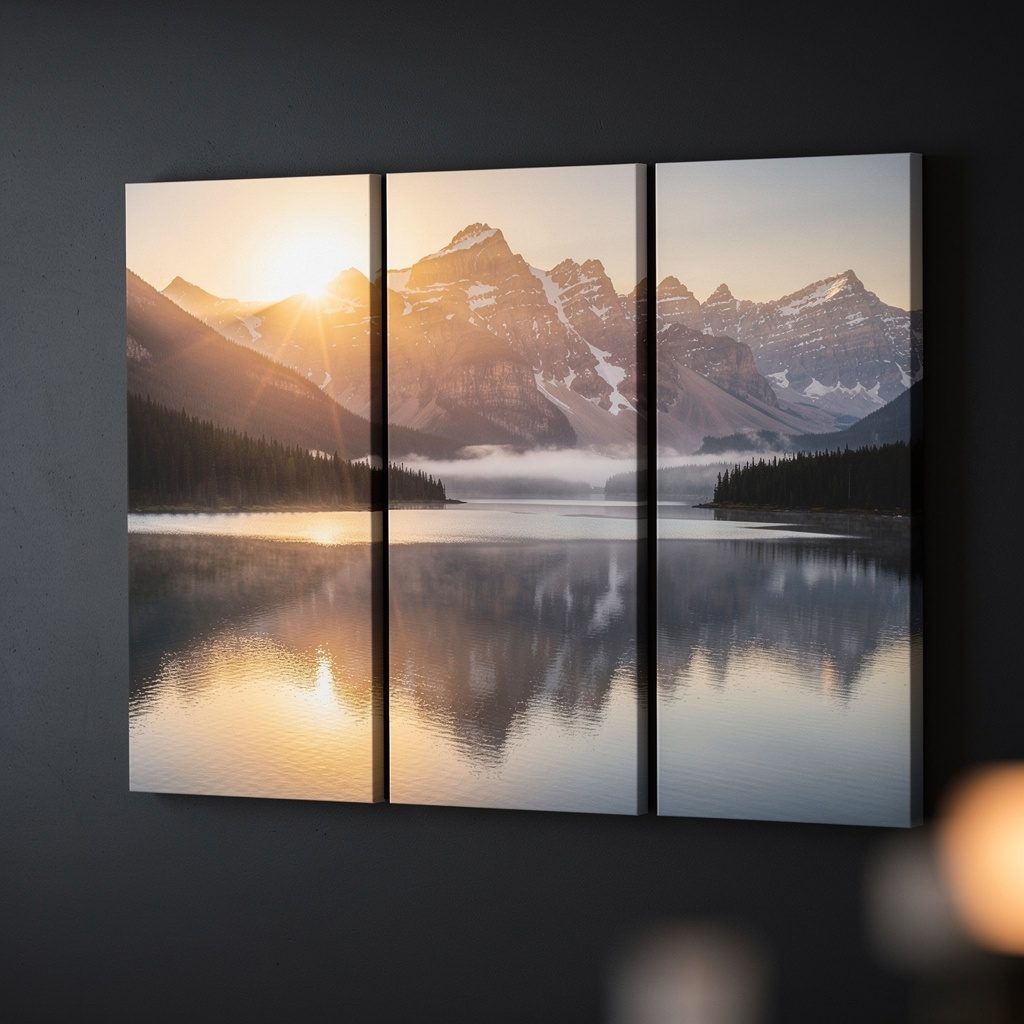 Three-panel split canvas print of a mountain landscape