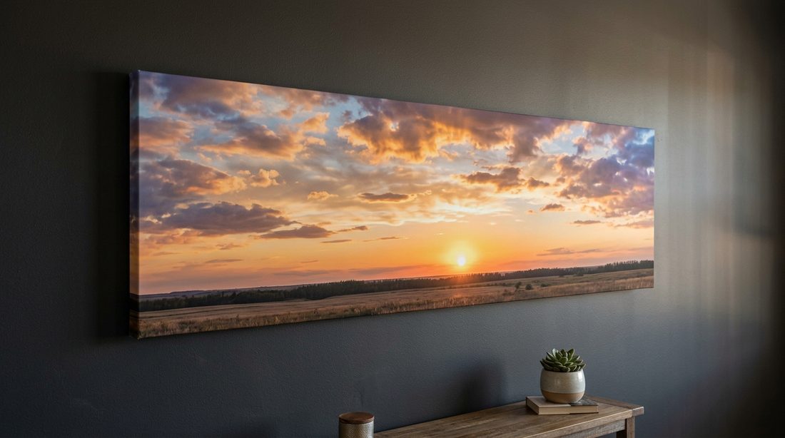Wide panoramic canvas print of a prairie horizon at sunset