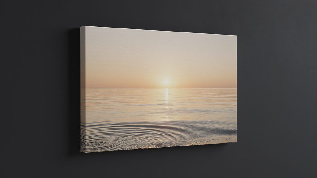 Single-panel gallery-wrap canvas print of a coastline at sunset