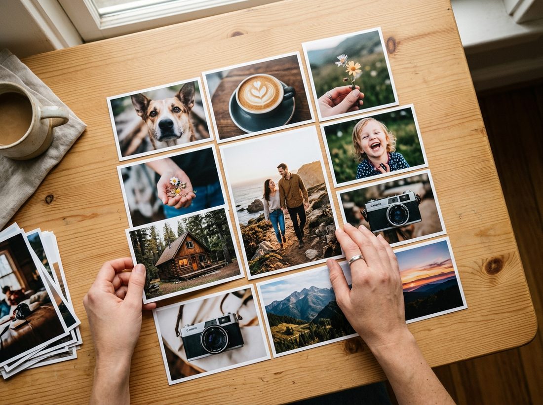 Selecting and arranging photos for a collage on a table
