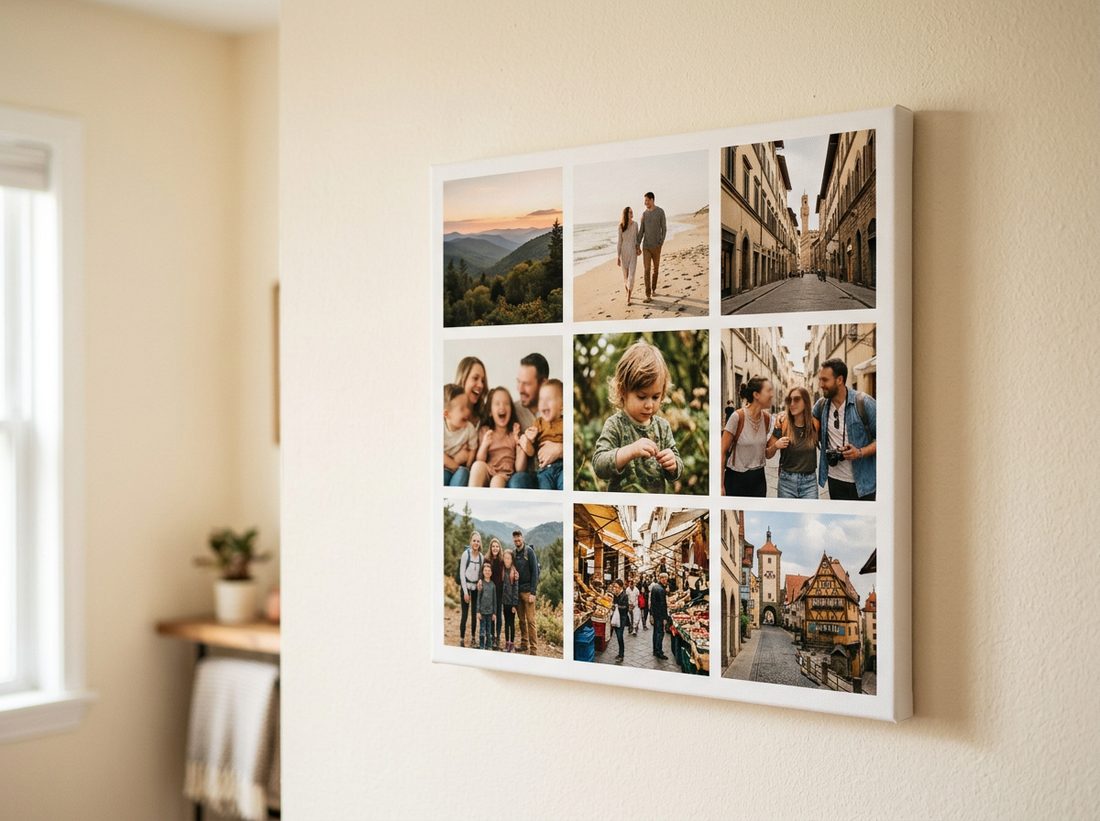 Multi-photo collage canvas in a clean grid on a wall