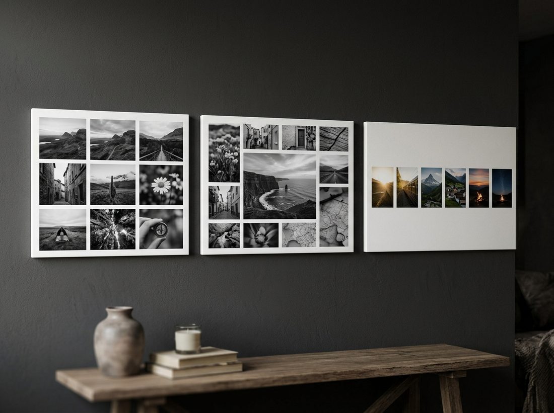 Three collage layouts: grid, feature, and timeline
