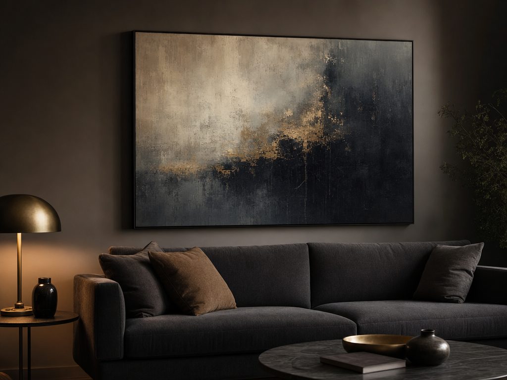 A mix of custom canvas, metal and framed wall art in a styled room