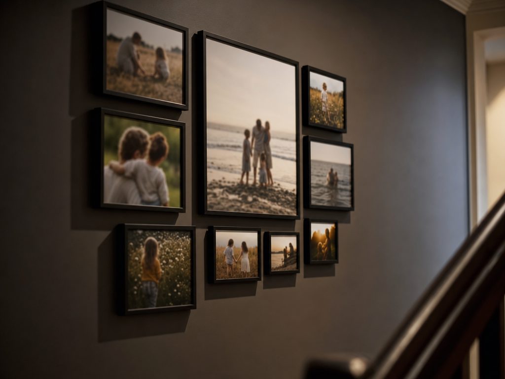 A cohesive family gallery wall of matching black frames