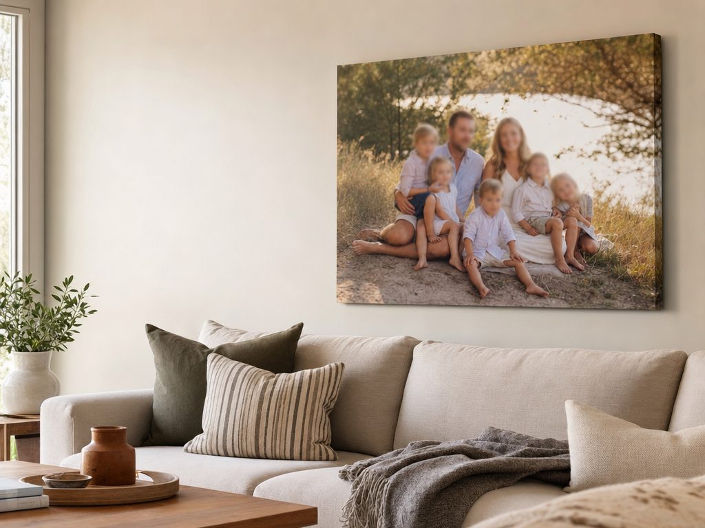 A family photo canvas as a warm focal point above a sofa