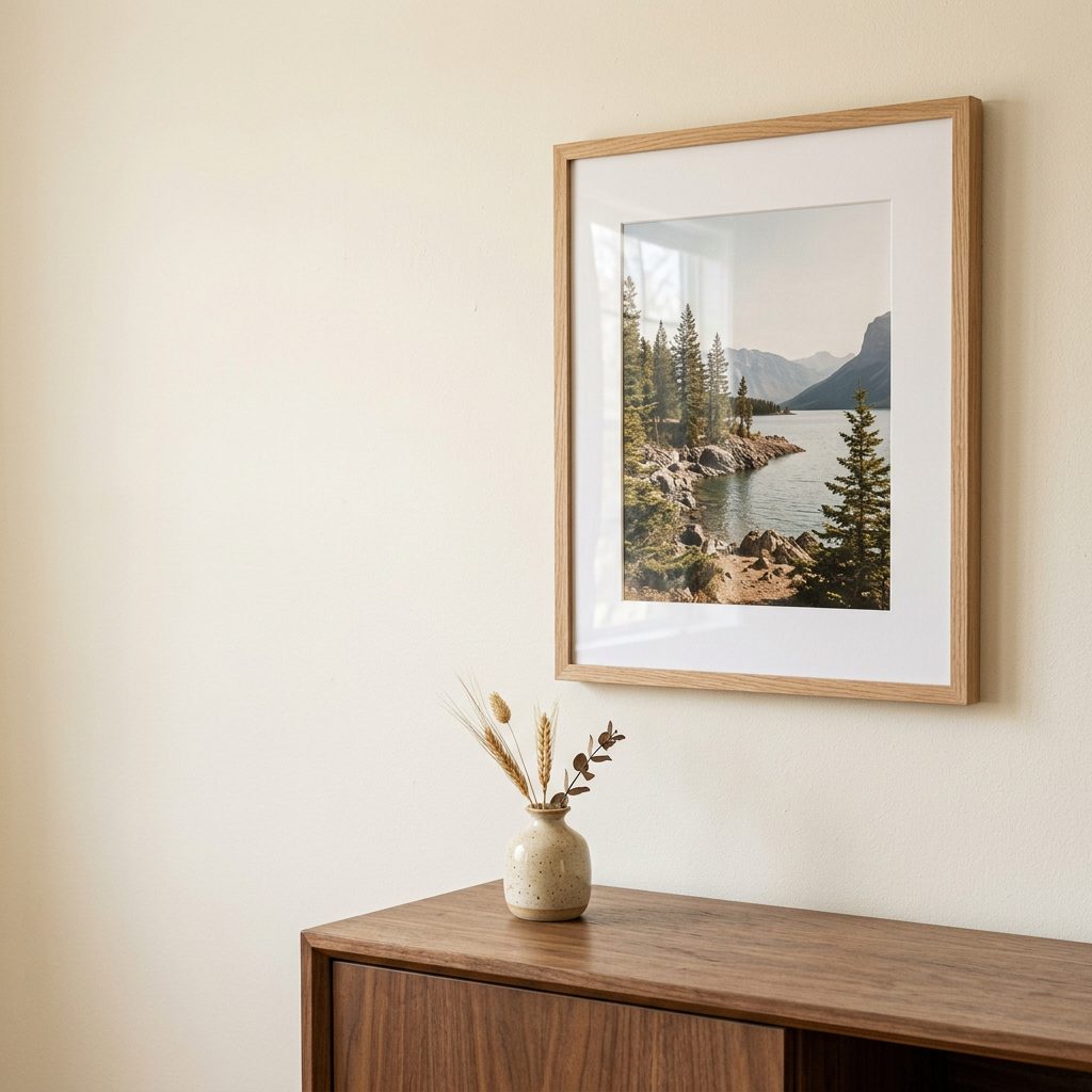 Matted framed photo print in an oak frame hanging on a cream wall