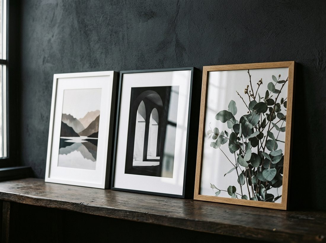 Three framed prints in white, black and oak frames side by side