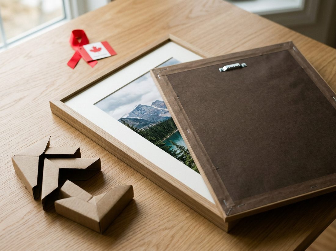 Assembled framed print with hanging hardware and corner protectors