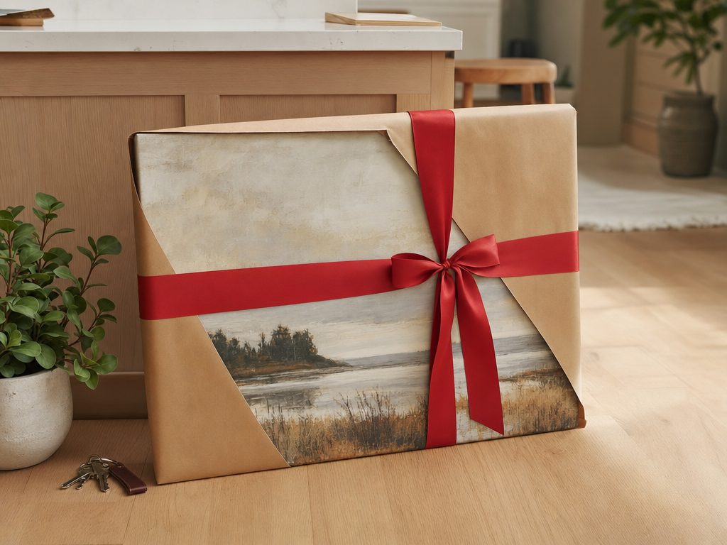 A wrapped canvas housewarming gift ready to give in a new home