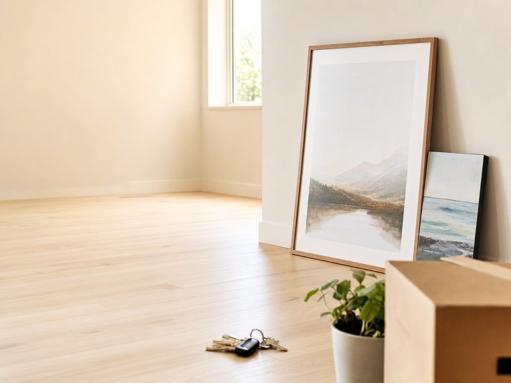 Framed wall-art gift leaning in a bright new home with keys nearby
