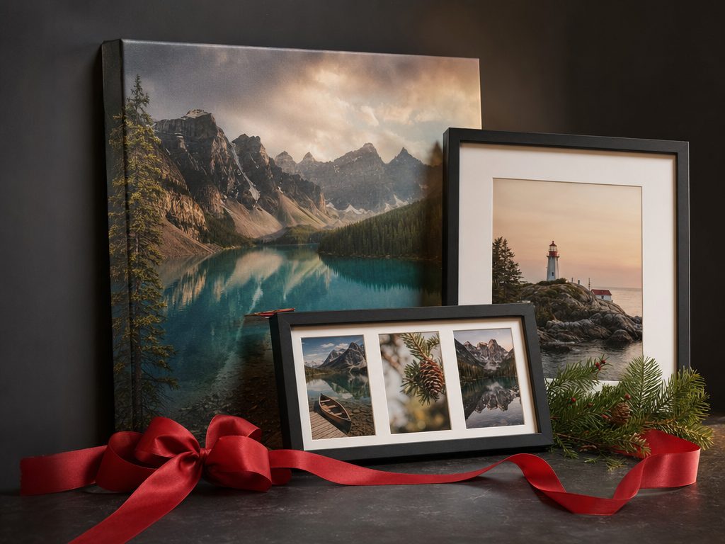 A statement canvas, a framed print and a collage shown as gift options