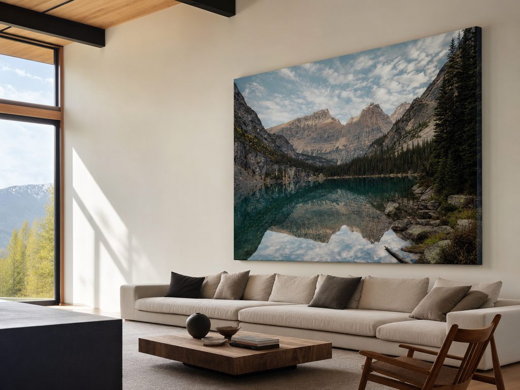 Oversized statement canvas above a sofa in a bright living room