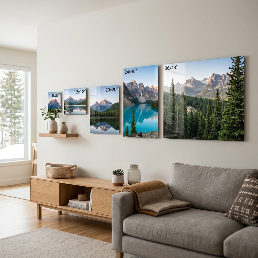 Several metal prints in different sizes grouped on a living room wall