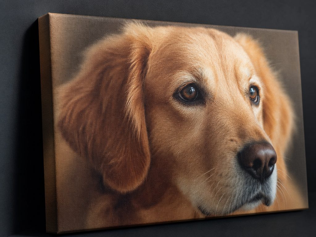 Close-up of a dog portrait printed on textured canvas