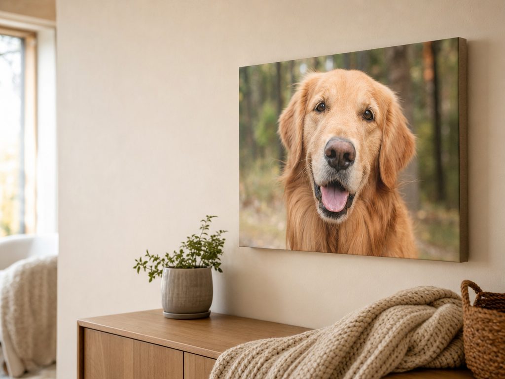Framed portrait of a dog on a canvas hanging on a cozy wall