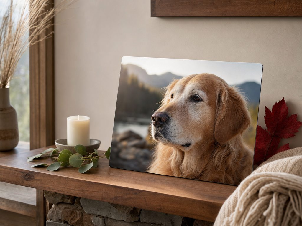 Metal pet portrait memorial print on a shelf with a candle