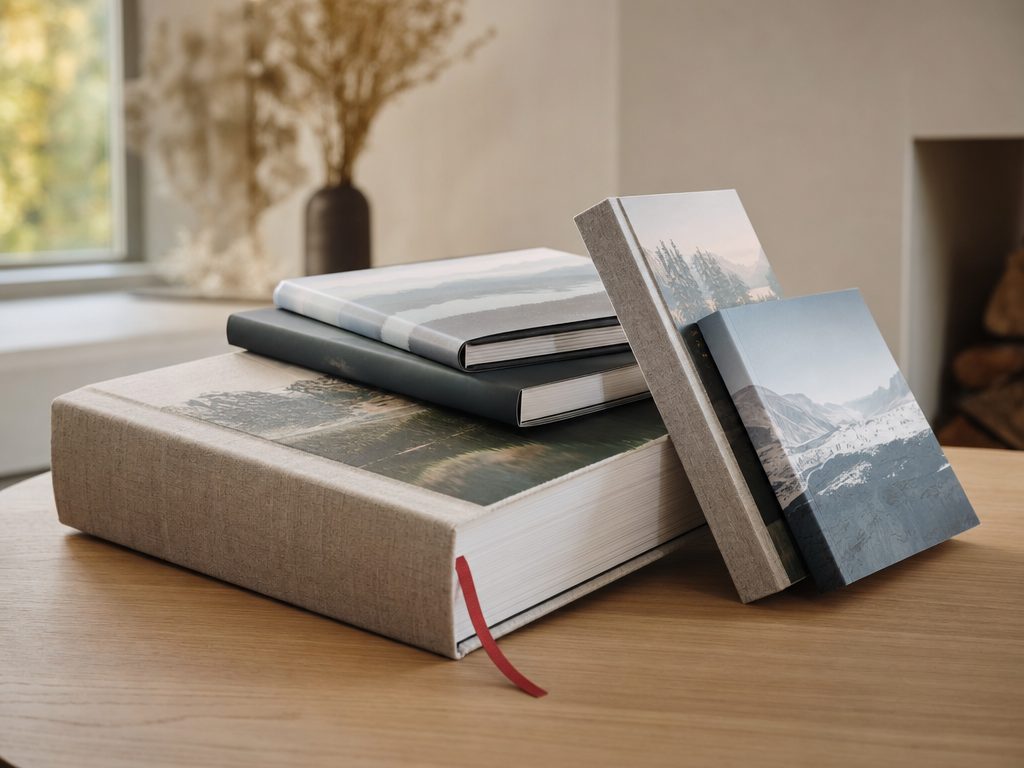 A stack of softcover and hardcover photo books in different sizes