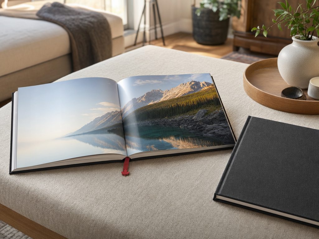A premium hardcover photo book open on a coffee table
