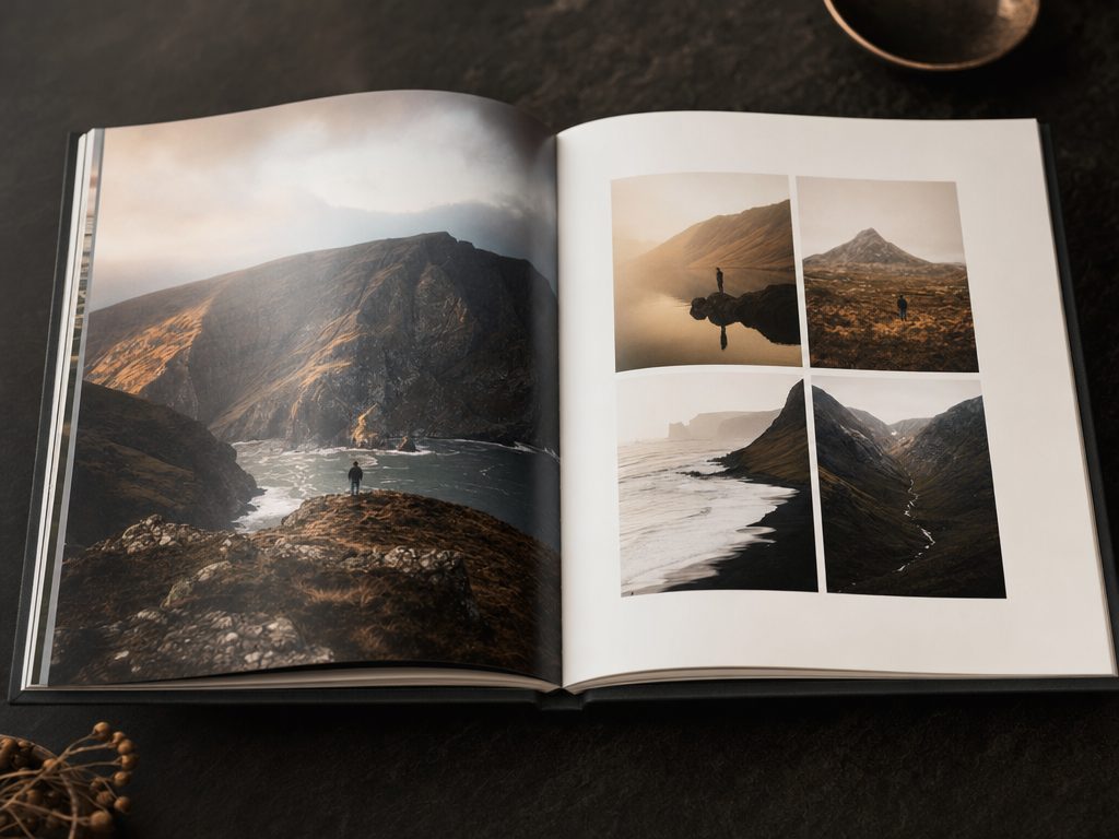 Open photo book spread with a full-page hero photo and smaller shots