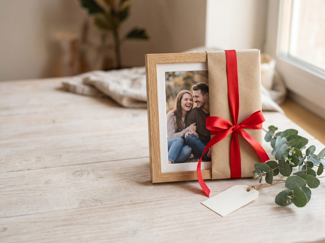 A personalized framed photo gift wrapped with a red ribbon