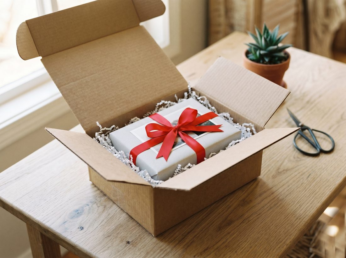 A wrapped photo gift packed in a shipping box ready to send