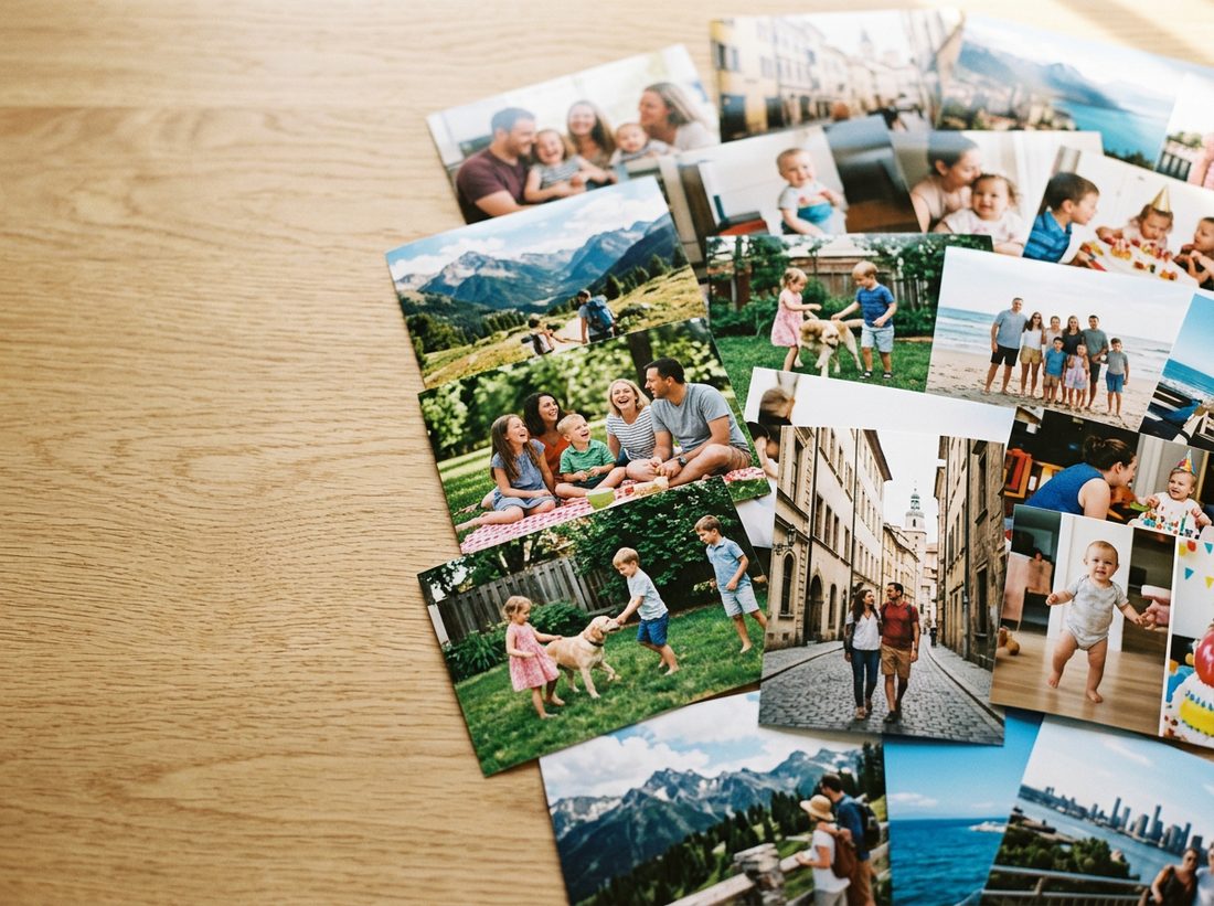 A spread of glossy photo prints fanned across a wooden table