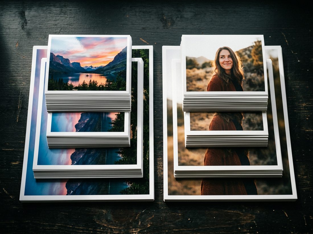 Neat stacks of photo prints in 4x6, 5x7 and 8x10 sizes