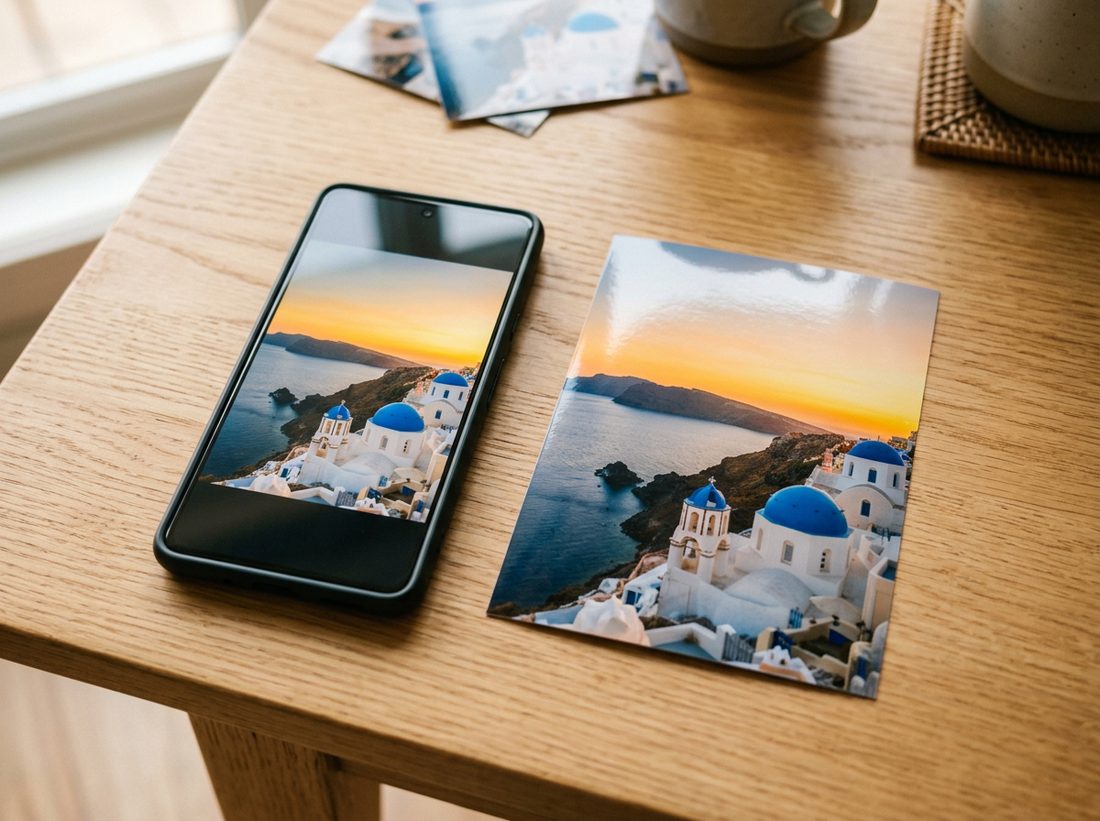 A phone showing a photo beside its matching printed copy