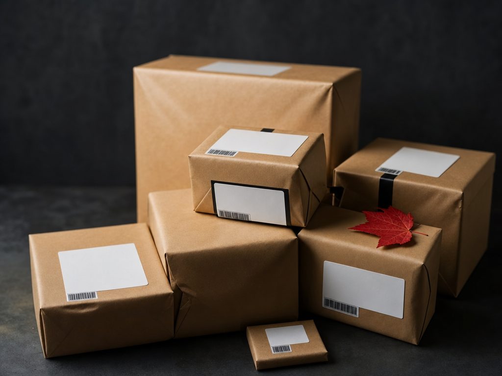 Sealed, labelled parcels stacked ready for delivery across Canada