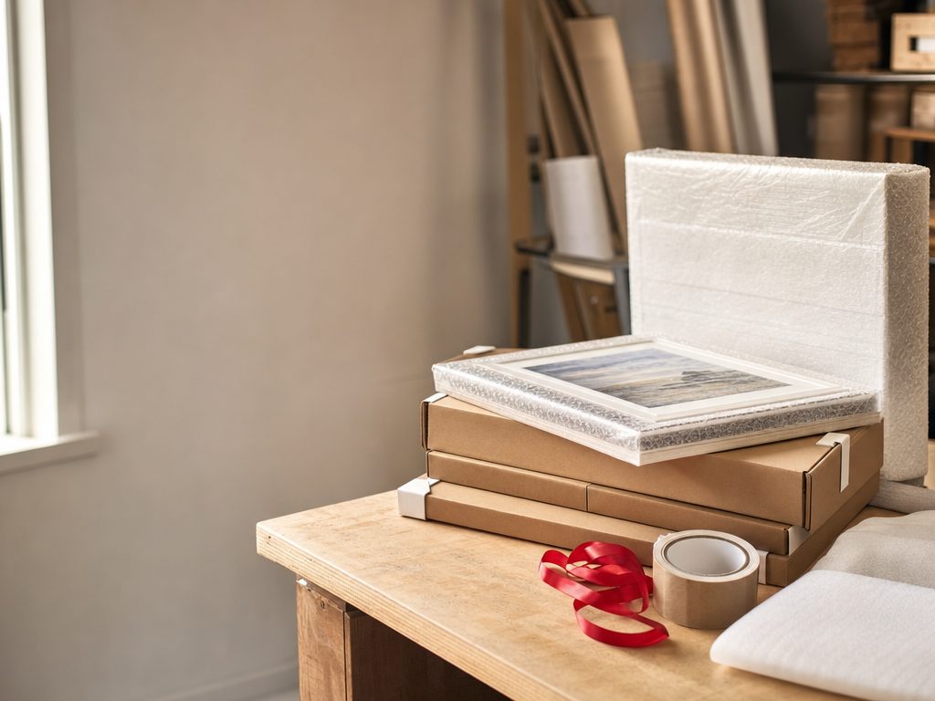 Wrapped prints packed in protective boxes ready to ship across Canada