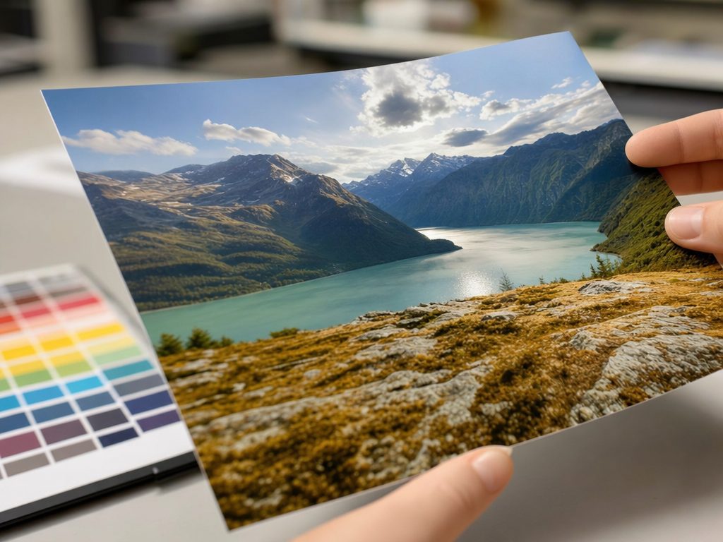 A print held under light for colour and sharpness inspection