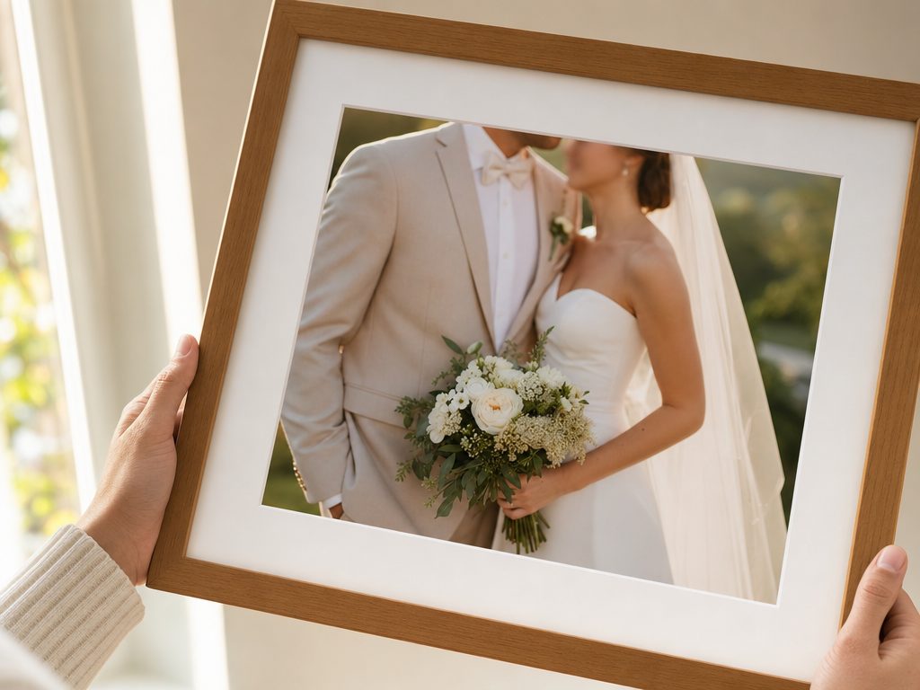 Framed wedding portrait showing accurate skin tones and a clean white dress