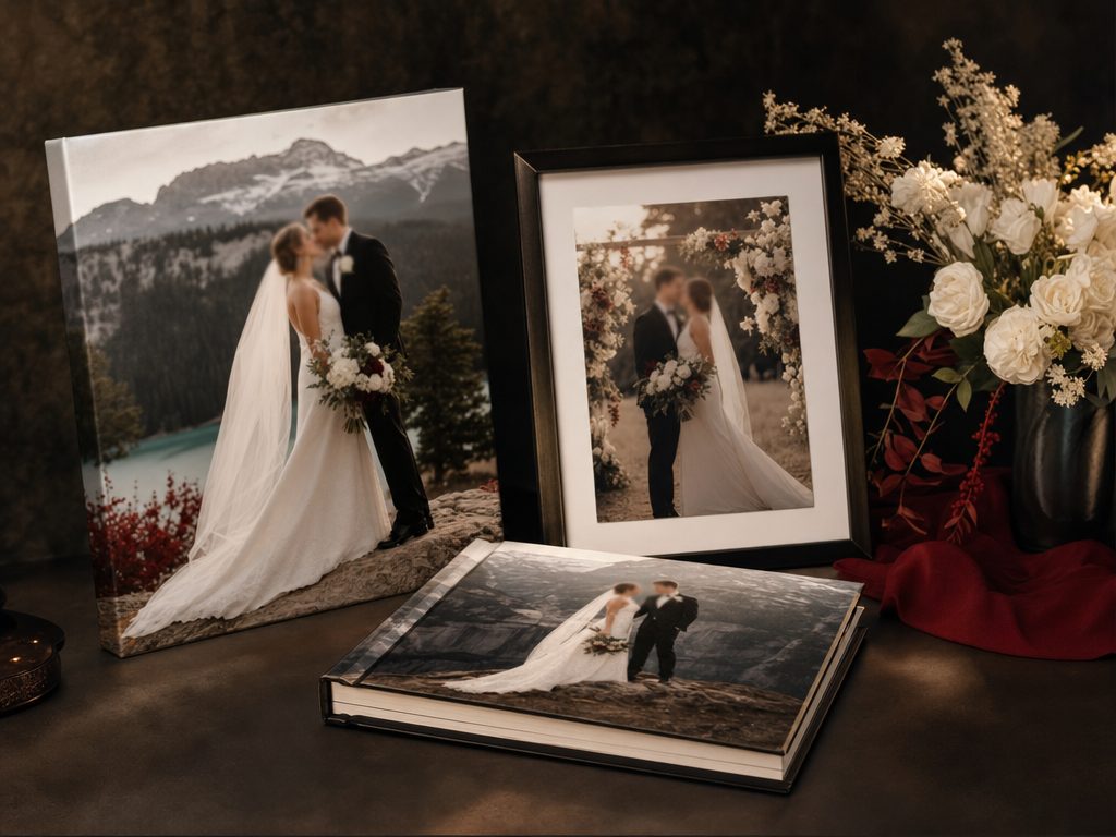 One wedding day printed as a canvas, framed portrait and photo book