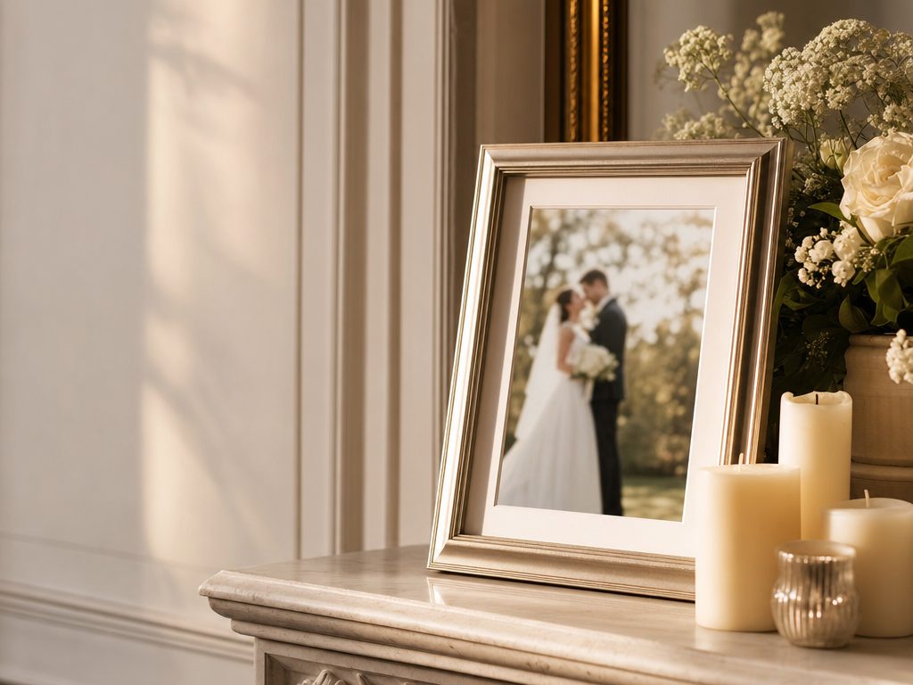Framed wedding photograph on a mantel with candles and white flowers